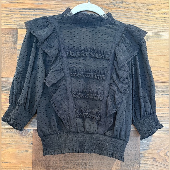 The Kooples Black Textured Ruffle Blouse NWT Flawed - Picture 1 of 11